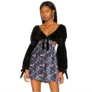 Tularosa Black Velvet Long Sleeve Dress with Floral Skirt